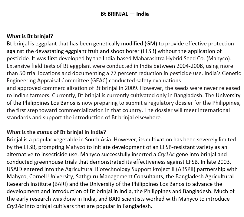 Bt BRINJAL India